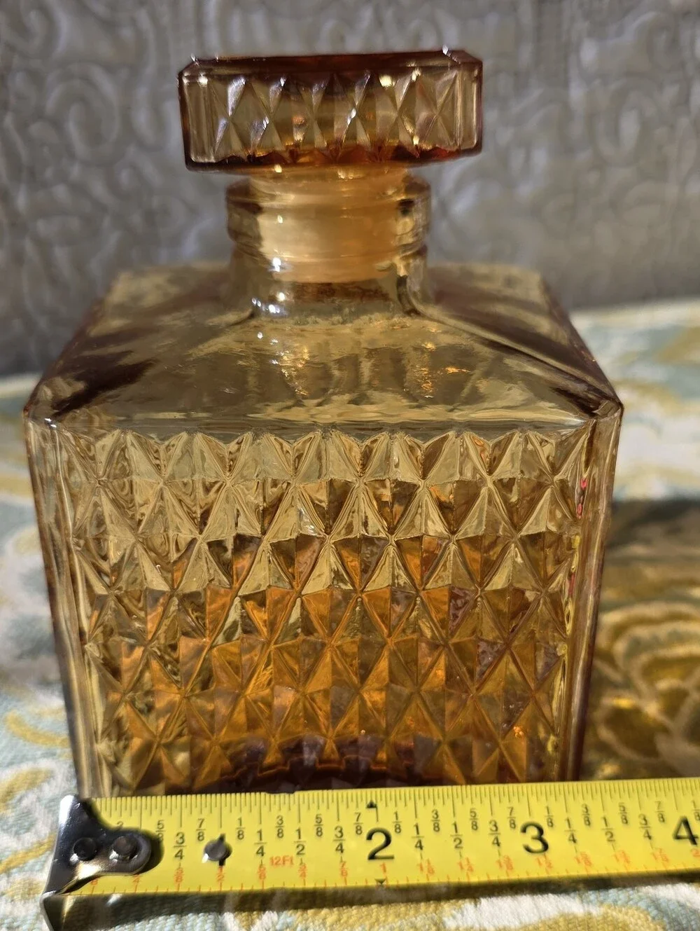 VTG Mid Century Amber Diamond Point Glass Decanter Bottle | Japan